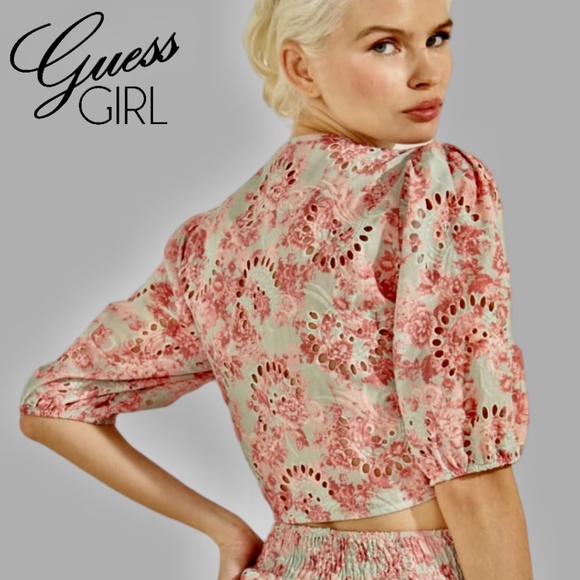 NWT GUESS Silvia Tie-Front Puff Sleeve Embroidered Eyelet Cotton Crop Top/XL - Picture 3 of 16